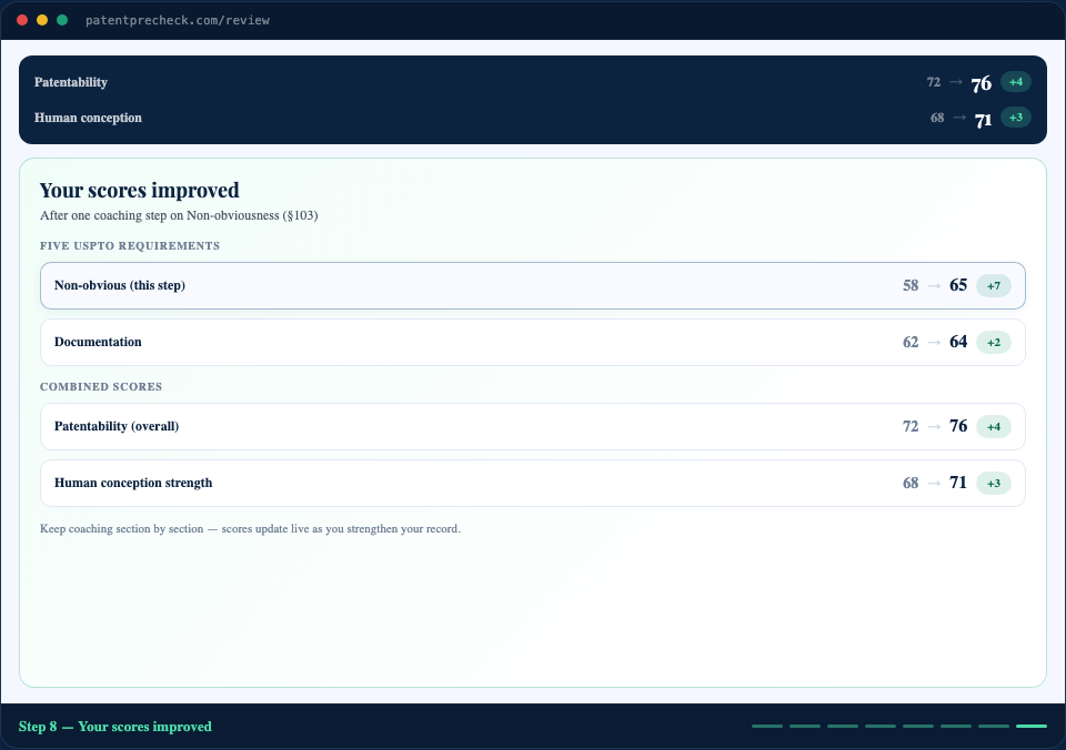 Patent PreCheck walkthrough — free score and interactive coaching